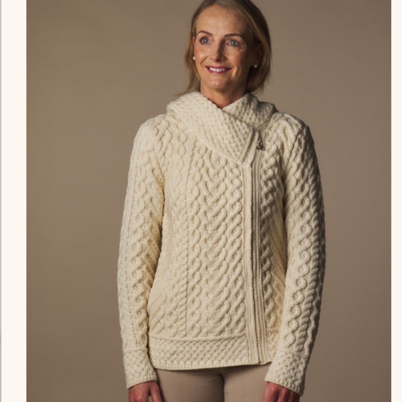 Aran Cable Knit Hoodie Sweater With Celtic Side Zip Small Cream 100% Merino Wool - Picture 1 of 10